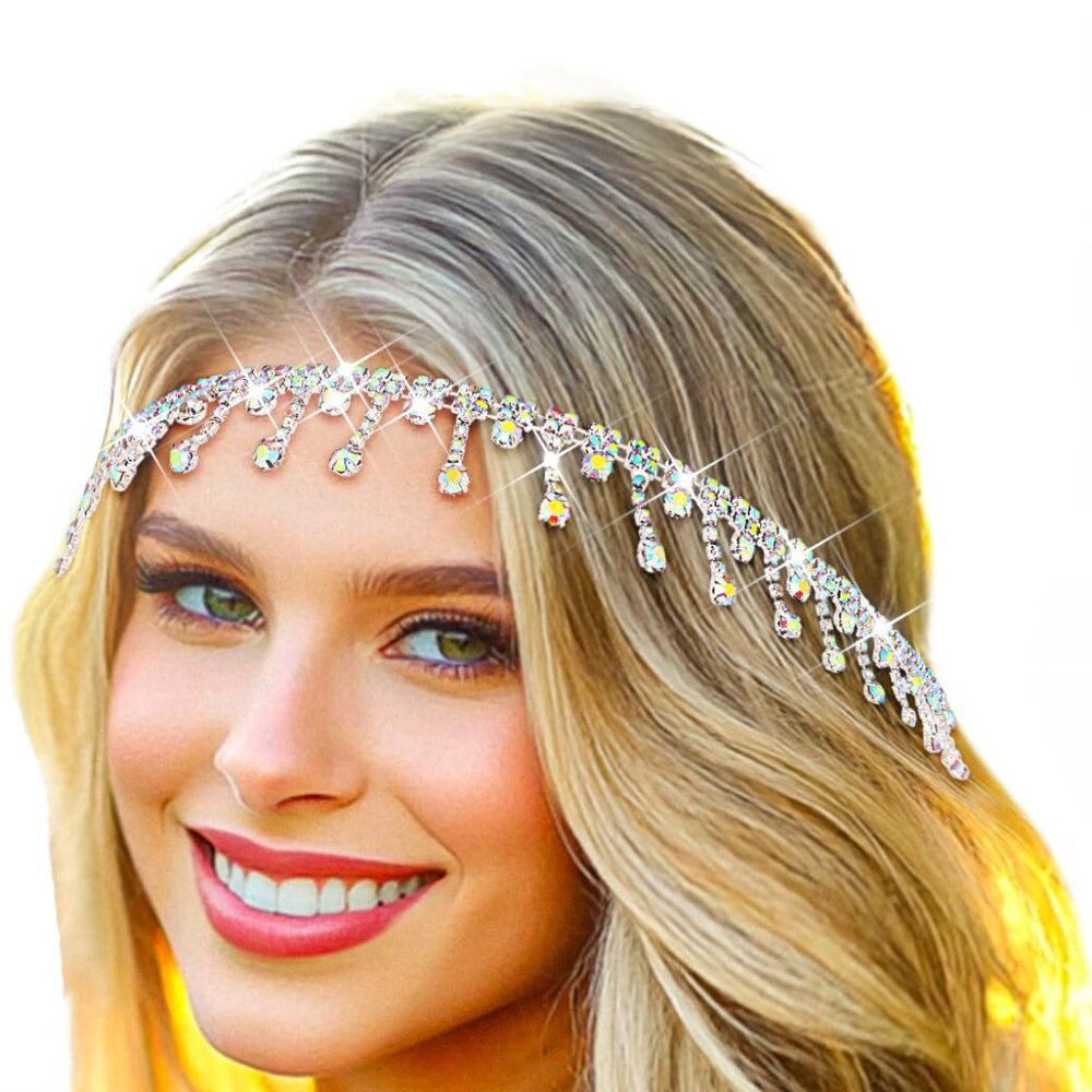 Rhinestone Head Chain Tassel Forehead Bridal Headband Elastic Crystal Hair Band